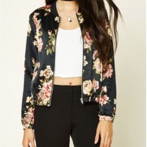 Forever 21 Black Floral Bomber Satin Small